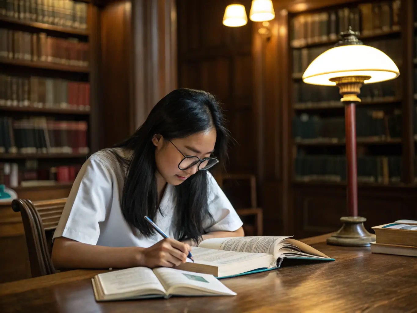 A student studying with an open textbook on a tablet in a modern library setting, surrounded by bookshelves and other students.