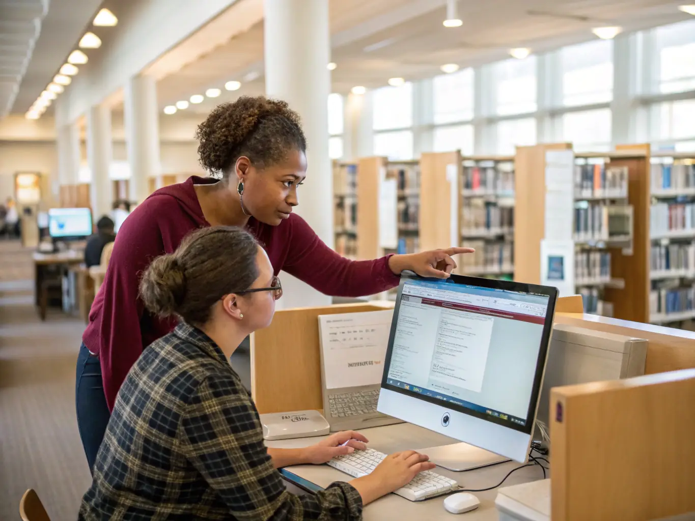 A librarian assisting a student with research in a well-lit, organized library, with computers and books visible in the background.