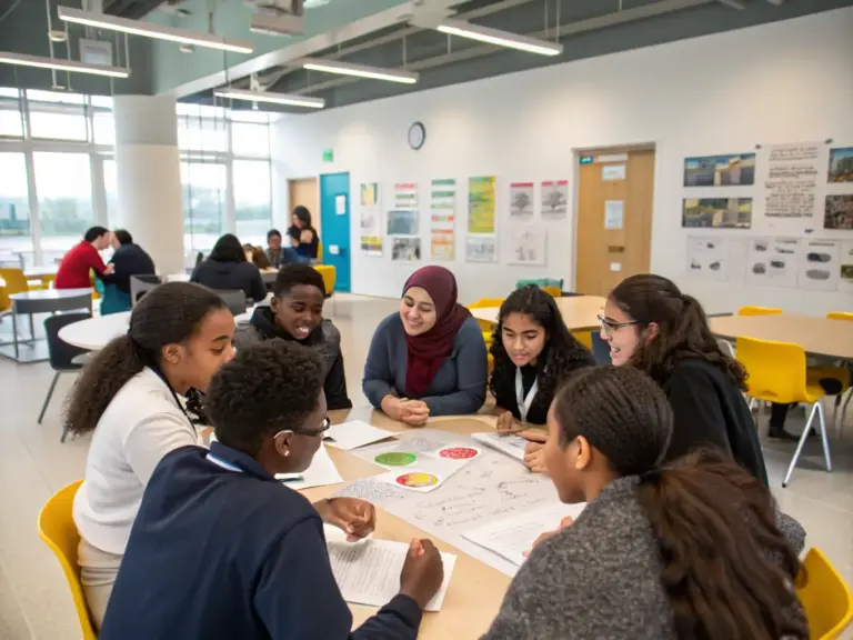 A diverse group of UCF Malaysia students are collaborating on a project in a modern classroom, showcasing the university's commitment to innovative learning and teamwork.
