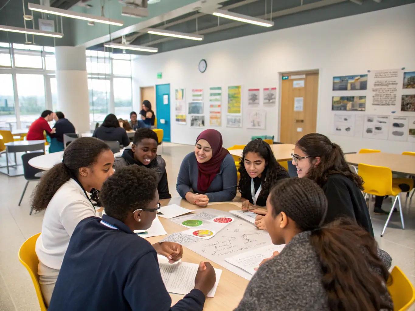 A diverse group of UCF Malaysia students are collaborating on a project in a modern classroom, showcasing the university's commitment to innovative learning and teamwork.