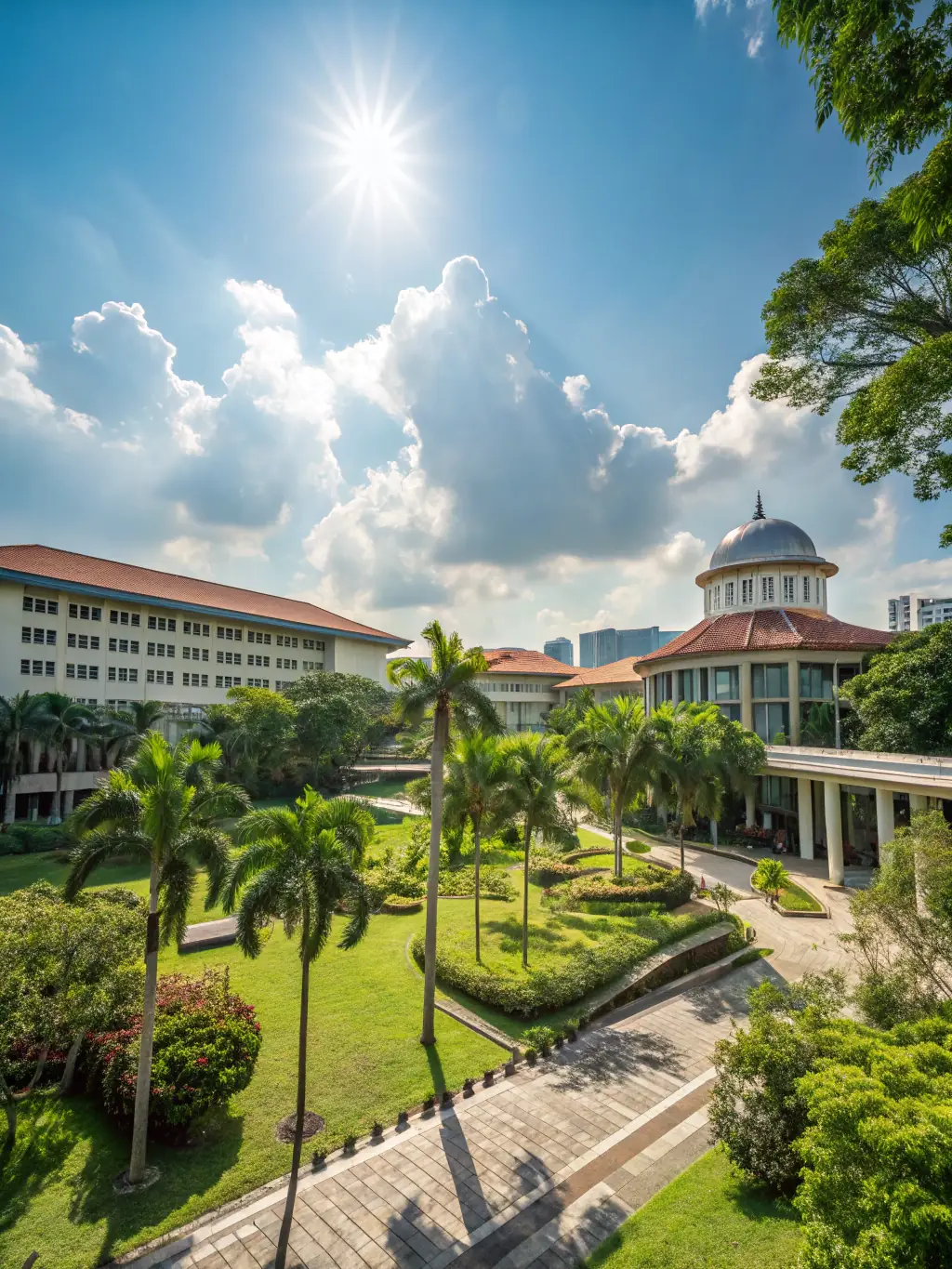 A panoramic view of the UCF Malaysia campus, showcasing modern facilities, green spaces, and student life, emphasizing the supportive and vibrant campus environment.
