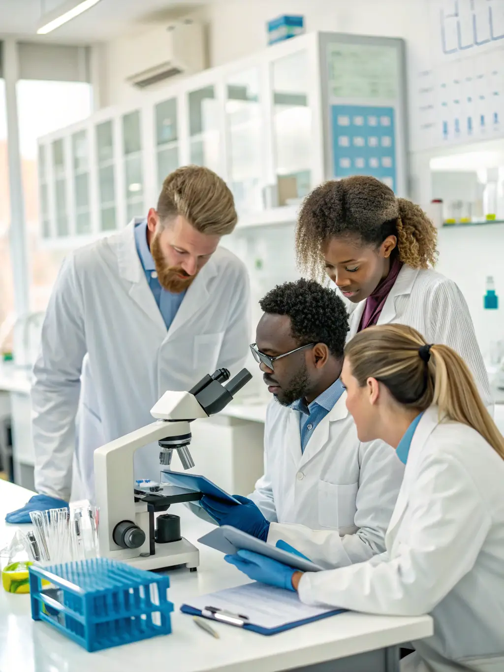 Researchers from UCF Malaysia and a partner research institution working together in a lab, analyzing data and discussing findings, highlighting a strong research collaboration.