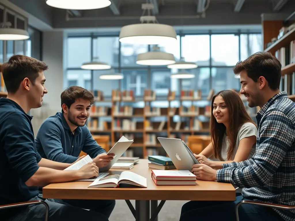 A group of students collaborating in a modern study space within the library, with laptops and books spread out on the table.