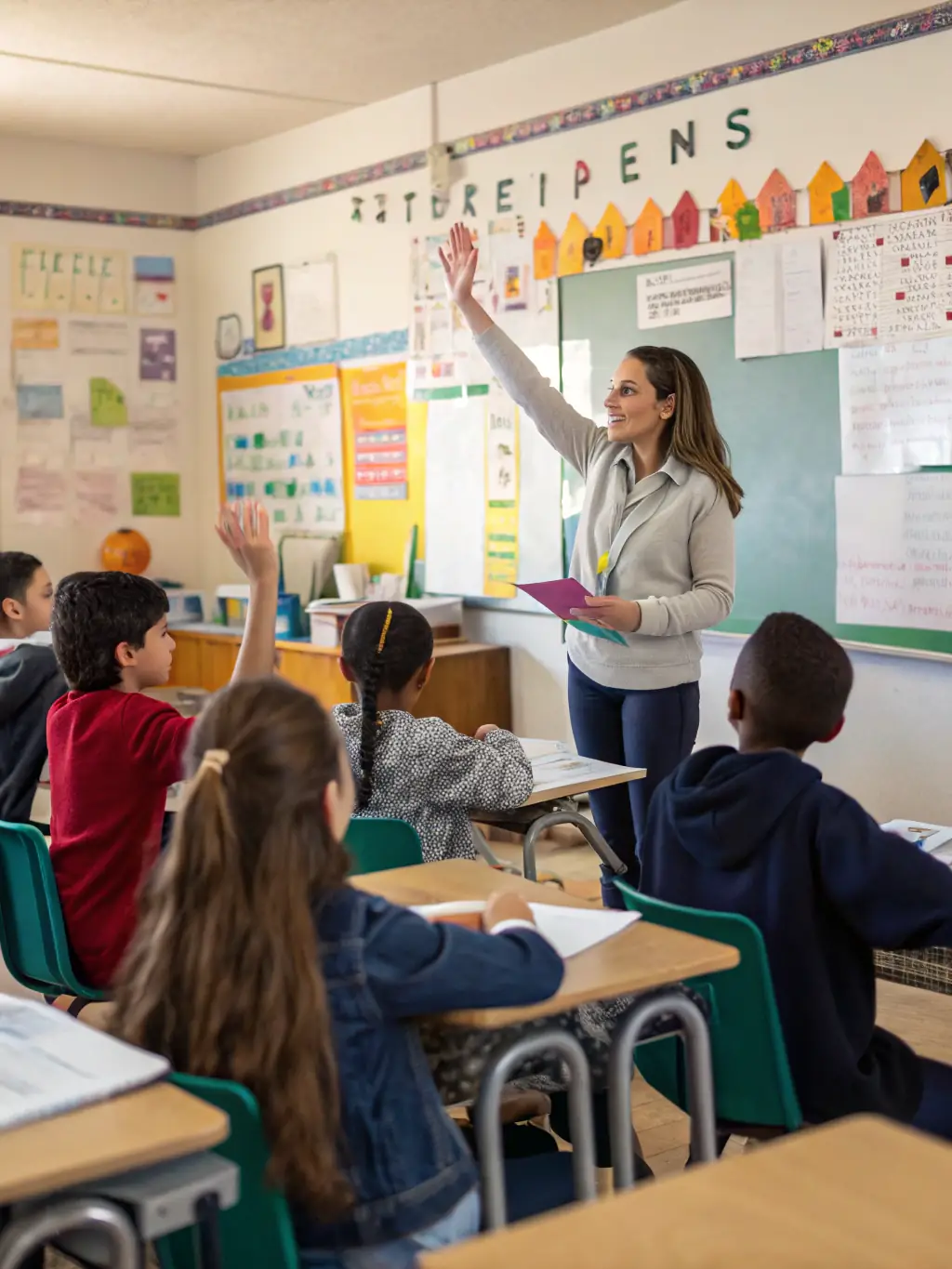 A UCF Malaysia education student is leading a classroom activity with young children, demonstrating the practical teaching skills gained through the program's hands-on approach.